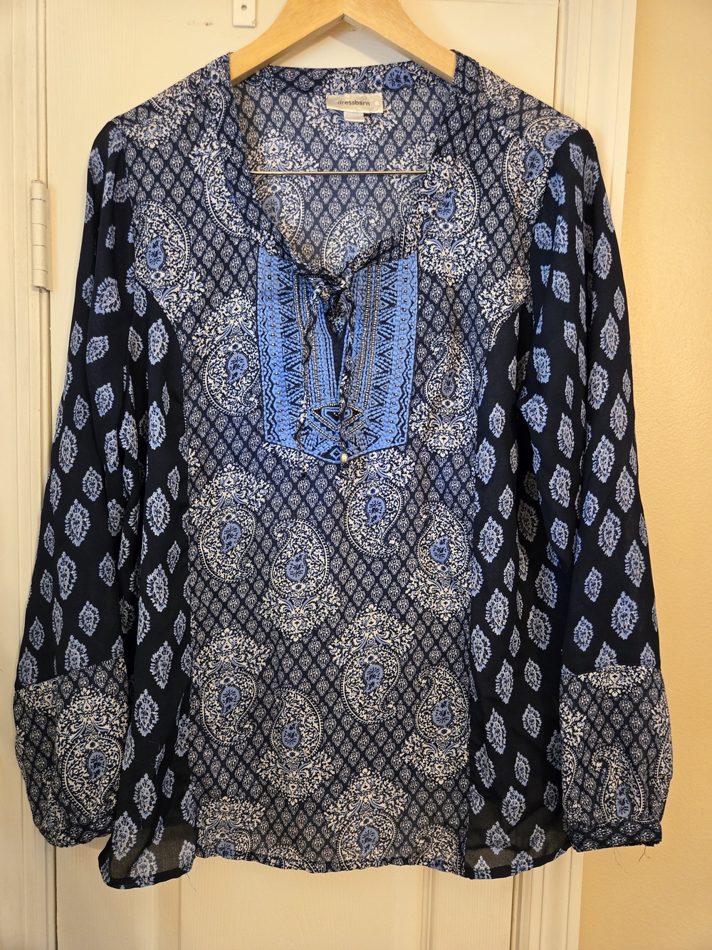 Dressbarn Blue Printed Peasant Lightweight Tunic with Tie Neck Size XL